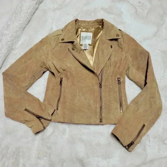 Vintage Genuine Leather Tan Suede Moto Jacket BB DAKOTA Size S y2k 90s 2000s - Picture 1 of 7